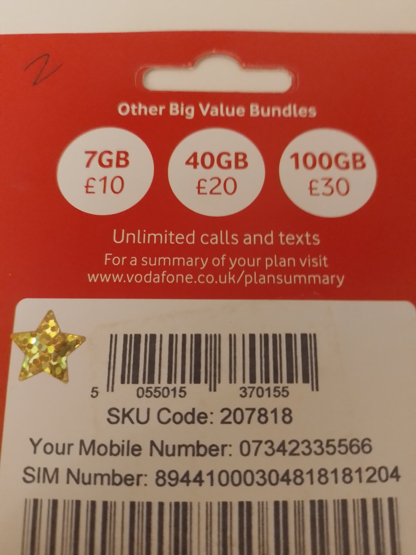 Vodafone UK Sim Card Pack In Gold Easy Vip 335566 Number 07342 33 55 66
