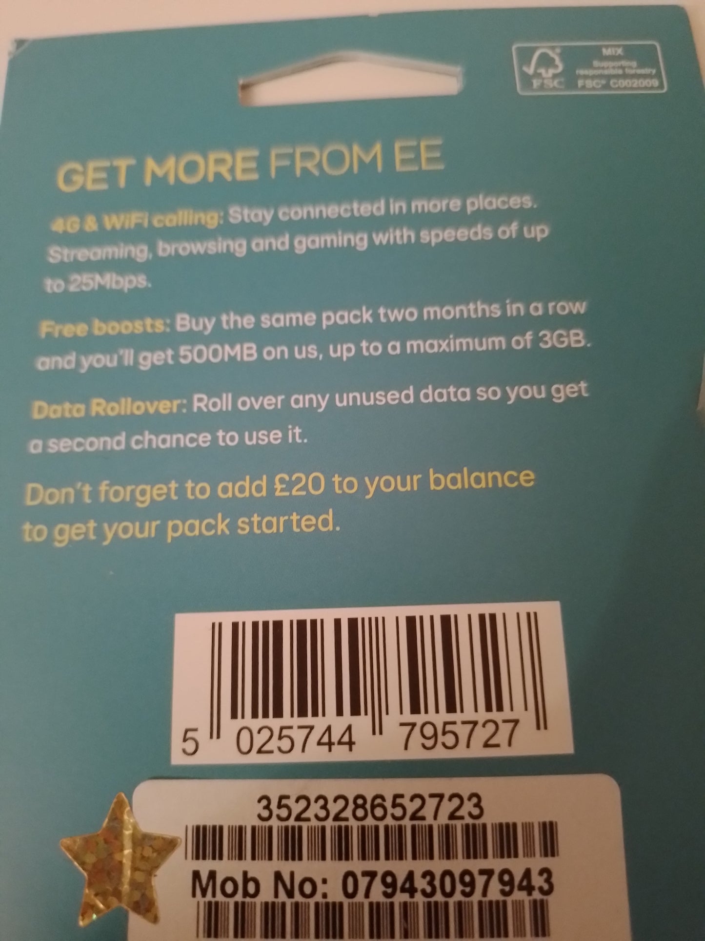 EE UK Sim Card Pack In Gold Vip Easy 7943 Number 0 7943 09 7943