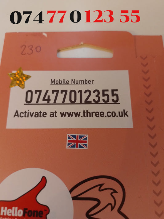 Three UK Sim Card Pack In Gold Vip Easy 123 Number 074770 123 55
