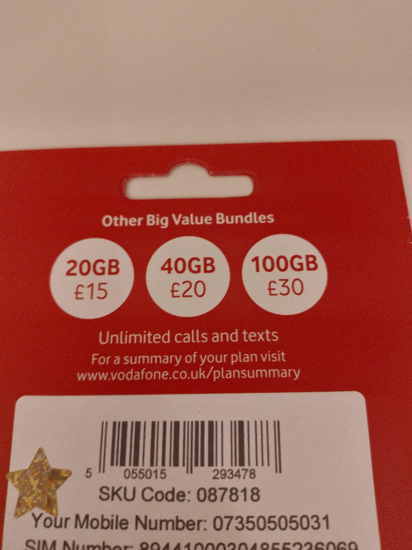 Vodafone UK Sim Card Pack In Gold Vip Easy 50 50 50 Number 073 50 50 50 31