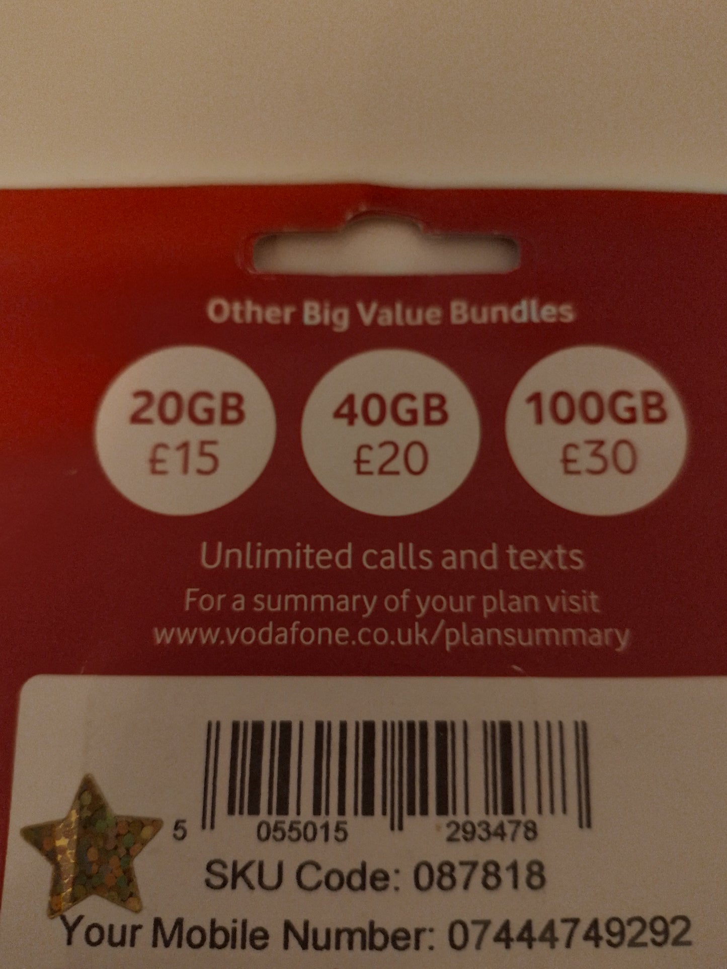 Vodafone UK Sim Card Pack In Gold Vip Easy 74 74 92 92 Number 0 74 44 74 92 92