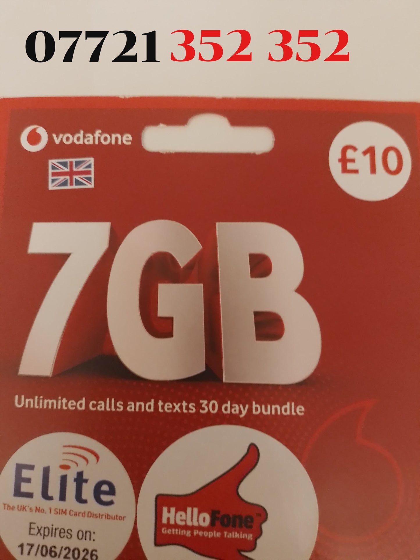 Vodafone UK Sim Card Pack In Gold Vip Easy 352 352 Number 07721 352 352