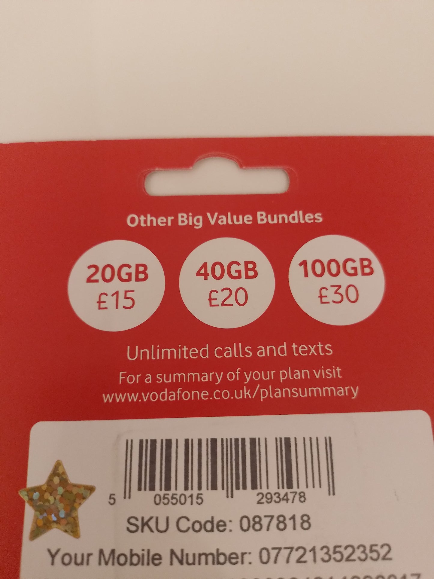 Vodafone UK Sim Card Pack In Gold Vip Easy 352 352 Number 07721 352 352