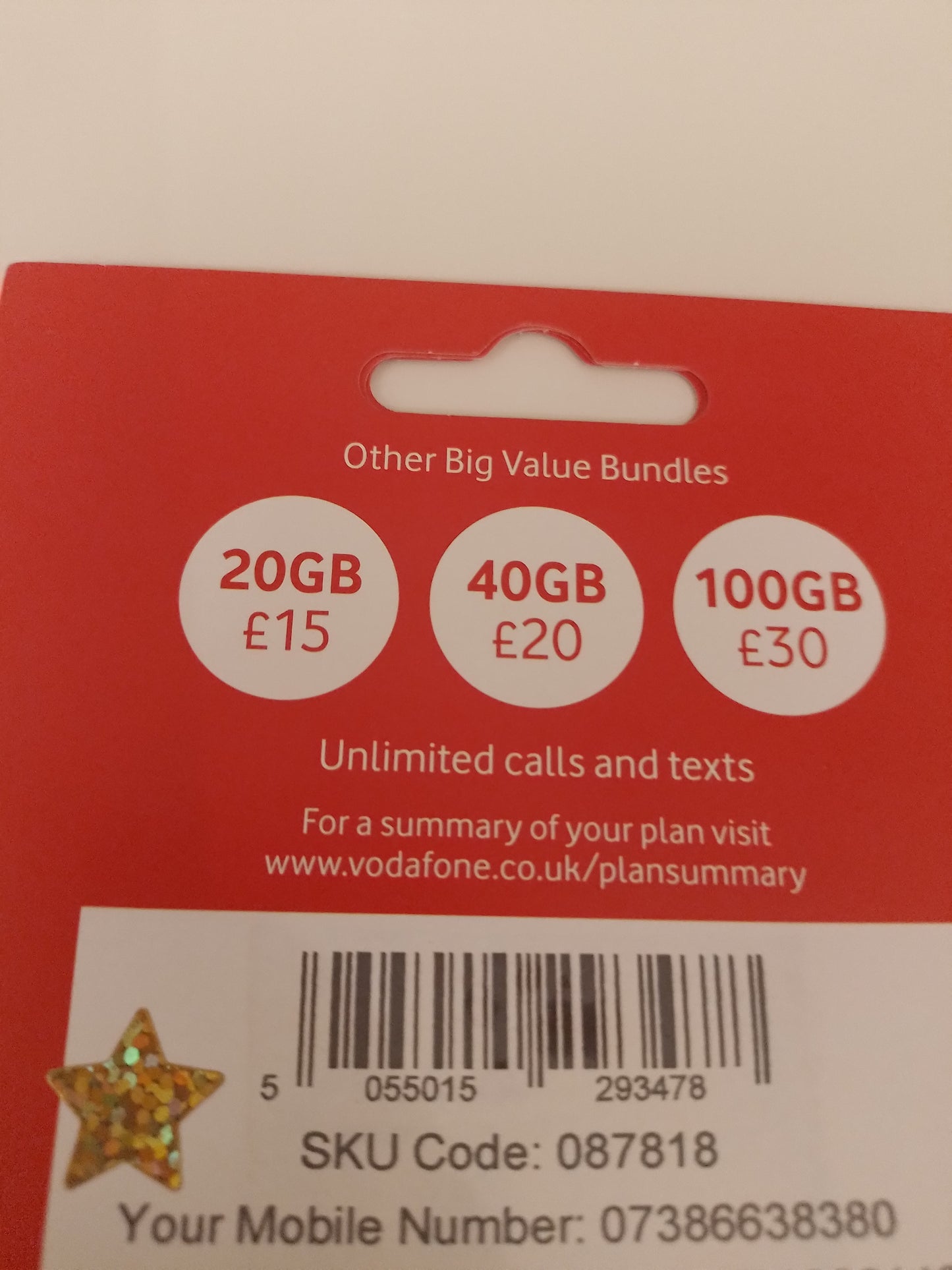 Vodafone UK Sim Card Pack In Gold Vip Easy 38 38 38 Number 07 38 66 38 38 0