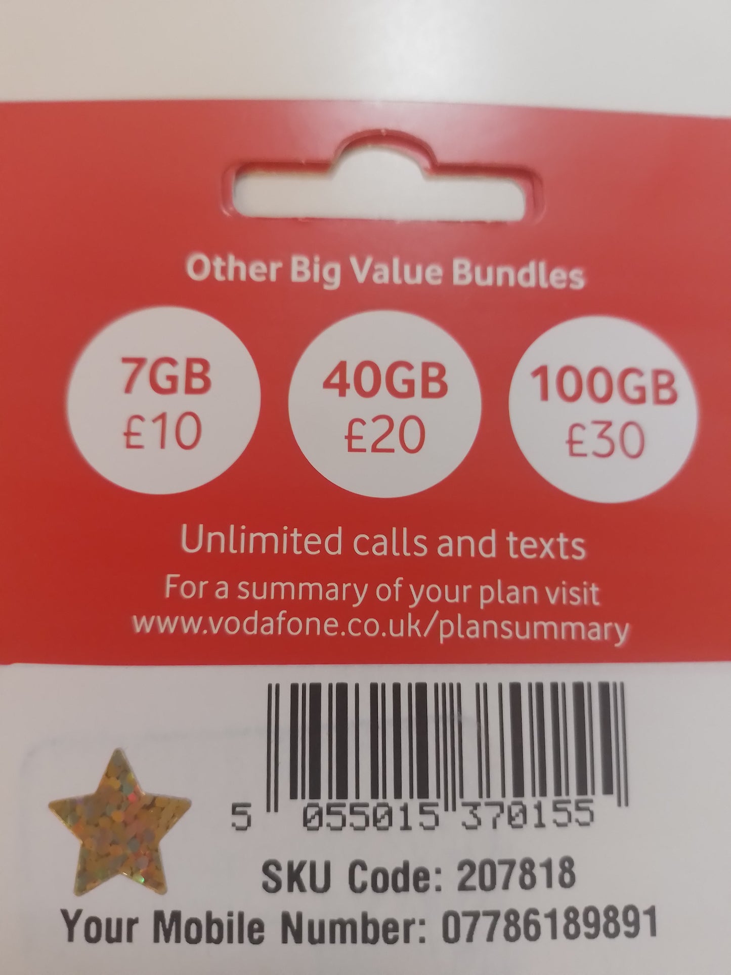 Vodafone UK Sim Card Pack In Gold Vip Easy 786 89 89 Number 07 786 1 89 89 1
